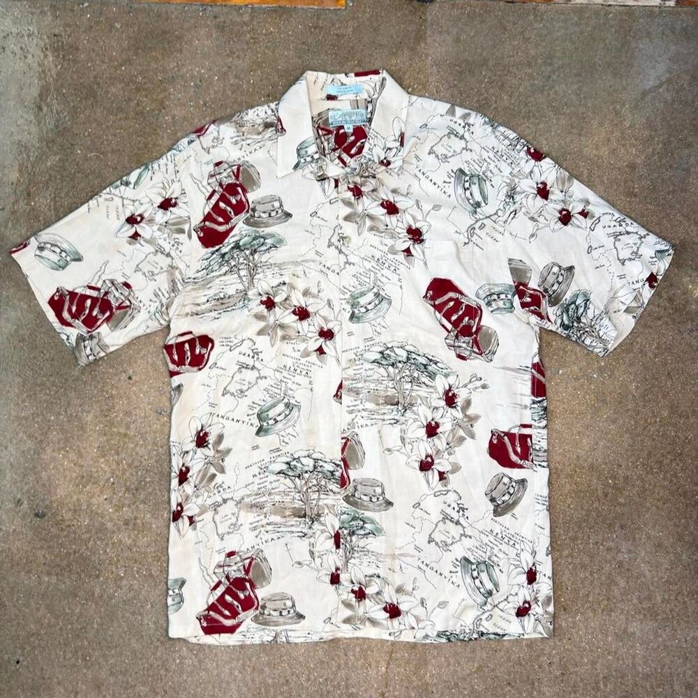 Vintage Campia Rayon Safari Travel Print Hawaiian Shirt Mens Medium
